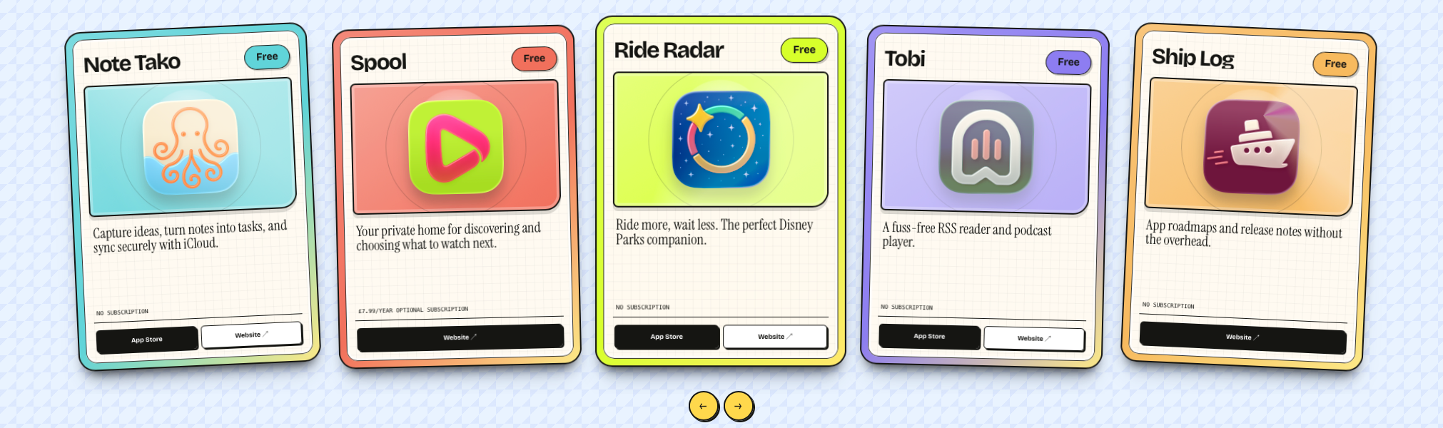Five app cards for Note Tako, Spool, Ride Radar, Tobi and Ship Log